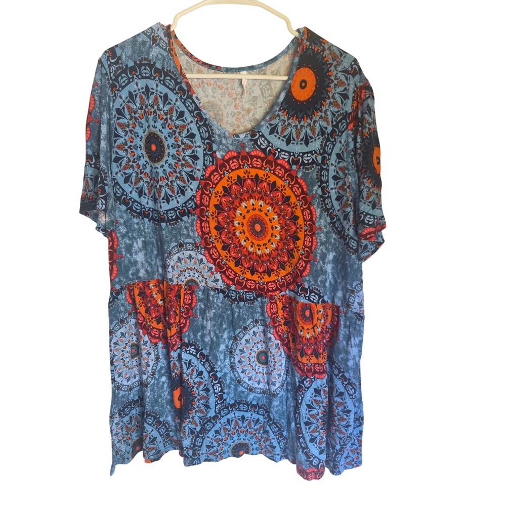 YVH Womens 3XL Blue Orange Mandala Print V-Neck Babydoll Tunic Top Short Sleeve‎